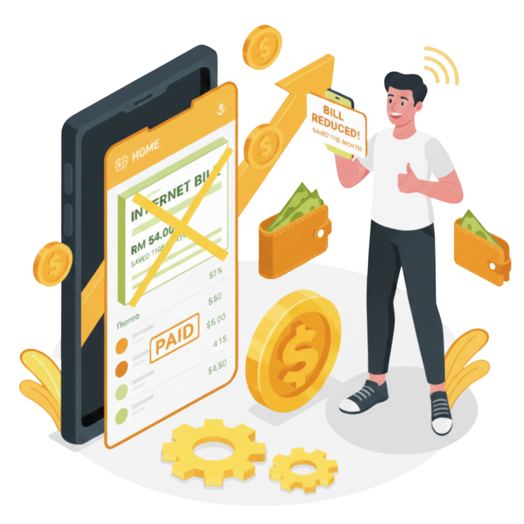 Jimatla illustration How to save on Maxis, Celcom Digi, Telekom Malaysia, Unifi dan Time postpaid bills.